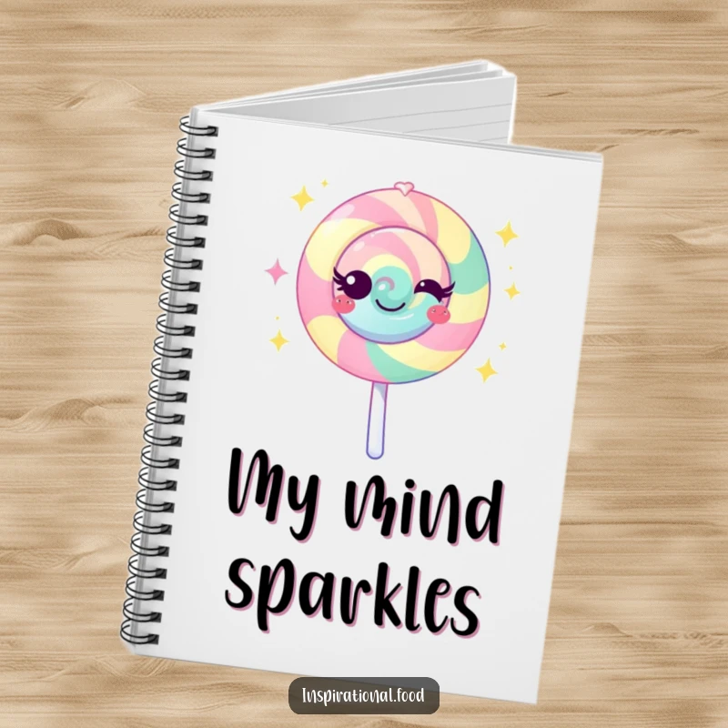 Funny lollipop notebook with a vibrant character emanating sweet sparkles, inspiring creativity with a touch of sweet, playful magic.