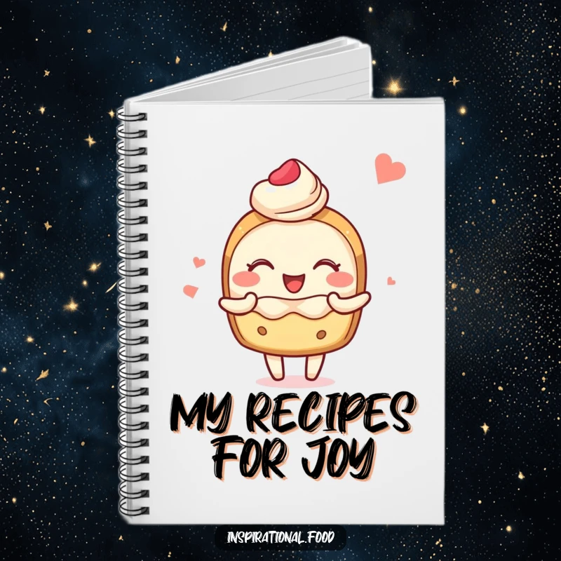 Funny notebook with a blushing pastry character joyfully sharing delightful food imagery, perfect for notes and inspiration.