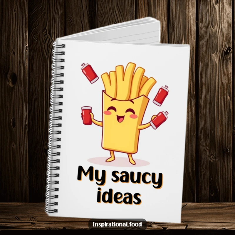 Funny notebook with a giggling french fry character juggling ketchup packets, perfect for jotting notes with food humor.