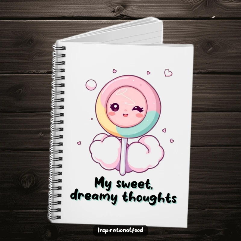 Funny notebook with a dreamy lollipop character drifting on a cotton candy cloud, perfect for capturing sweet thoughts and inspirations.