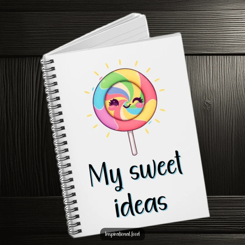 Funny lollipop character notebook cover, spinning with vibrant colors and creative energy, perfect for jotting down ideas with an artistic and humorous touch.
