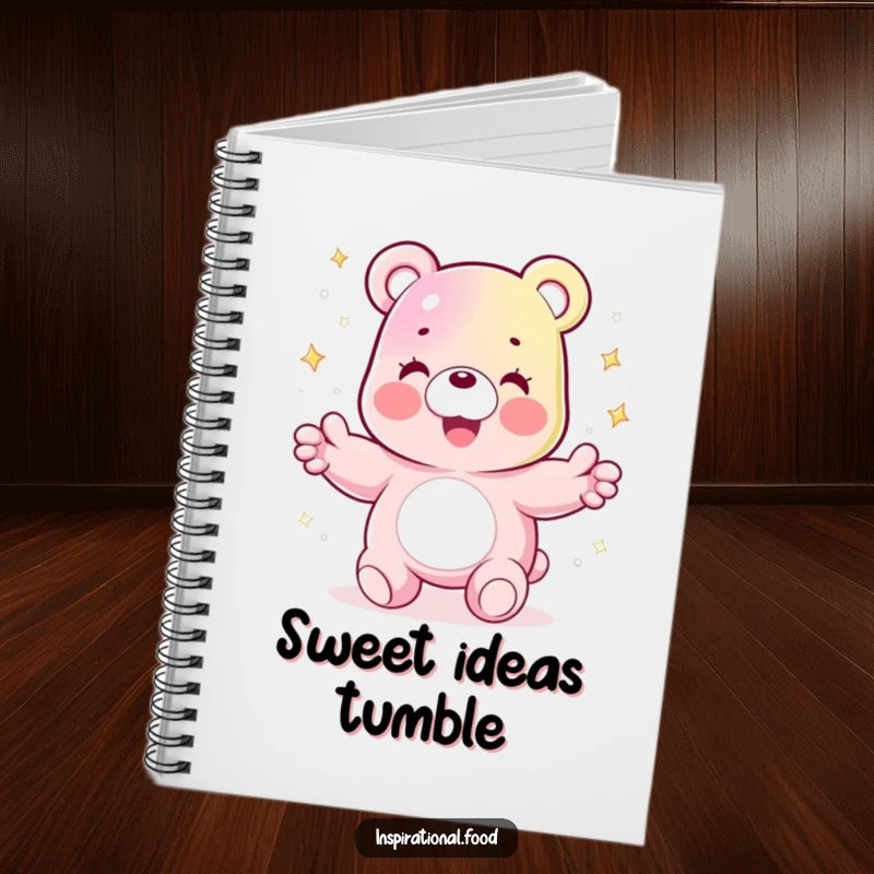 Funny notebook featuring a joyful gummy bear character juggling sparkling sugar crystals, perfect for capturing sweet thoughts.