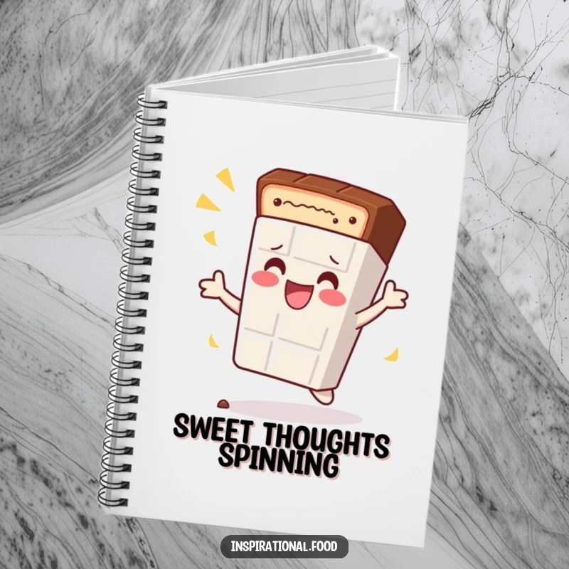 Funny notebook featuring a content chocolate bar character doing a celebratory spin, perfect for capturing sweet thoughts.