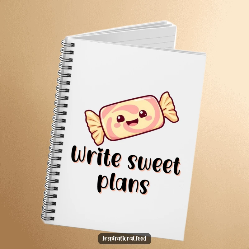 Funny notebook featuring a gleeful candy bar with its wrapper twirling with delight, perfect for jotting ideas.