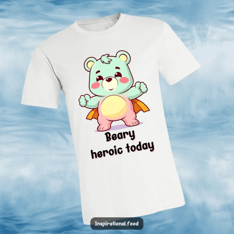 Funny t-shirt featuring a delighted gummy bear in a heroic pose, celebrating candy and courage with humorous flair.