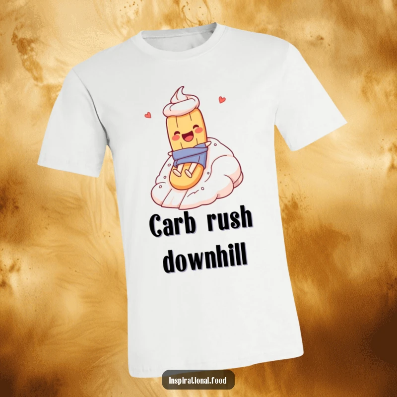Funny t-shirt illustrating a baguette character joyfully sliding down a massive meringue mountain, celebrating food and adventure.