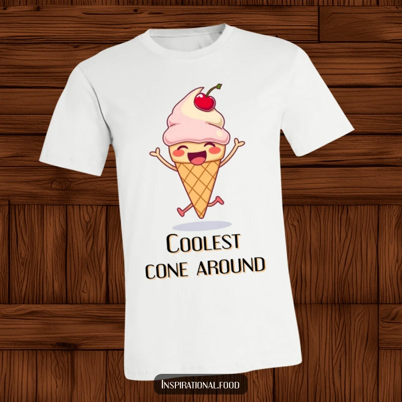 Funny ice cream cone t-shirt, laughing and doing a silly hop with a bouncing cherry, cartoon animal style, funny gift.