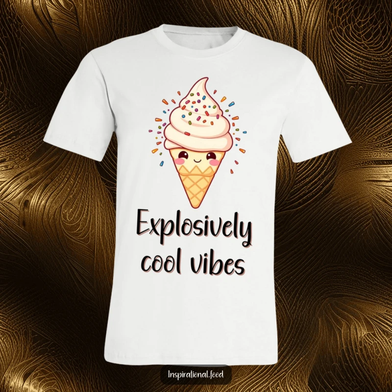 Funny t-shirt displaying a happy ice cream cone with an exploding shower of colorful sprinkles, radiating pure joy.