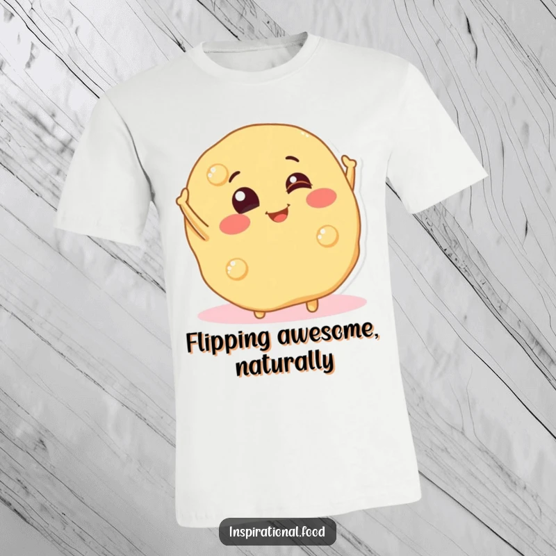 Funny t-shirt featuring a smiling pancake character in mid-flip, expressing playful energy and breakfast delight.