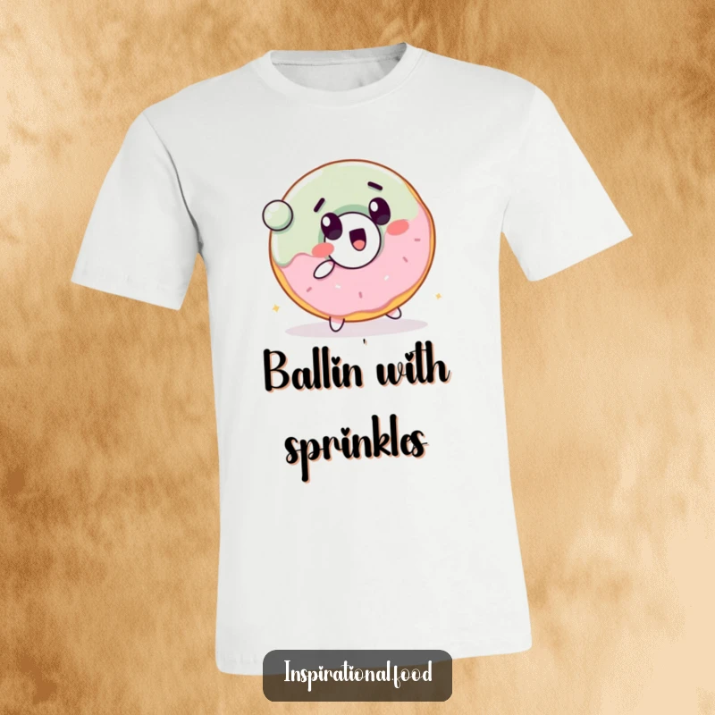 Funny T-shirt featuring a cheerful donut character with a surprised expression, energetically bouncing a ball.
