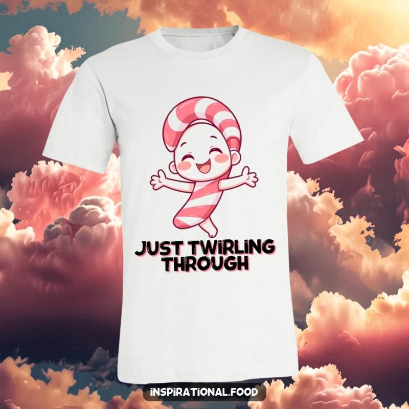 Funny candy cane t-shirt with a smiling character joyfully twirling, perfect for spreading holiday cheer and festive fun.