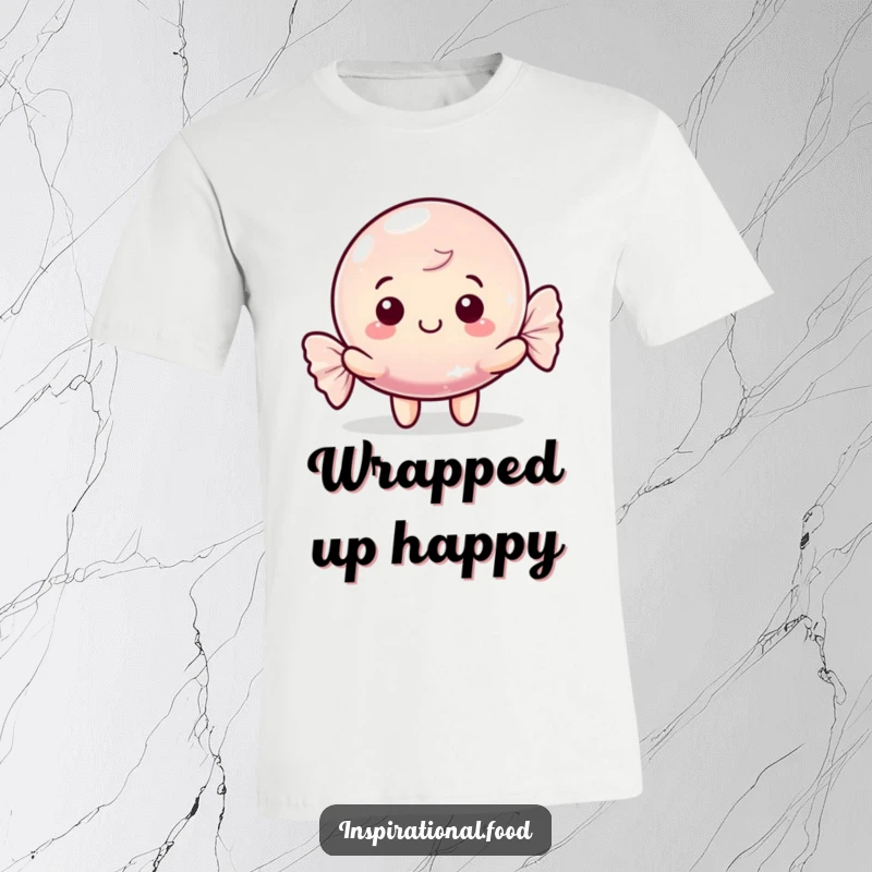 Funny t-shirt featuring a happy candy character with a shimmering wrapper, representing joy and sweetness, a fun and funny gift.