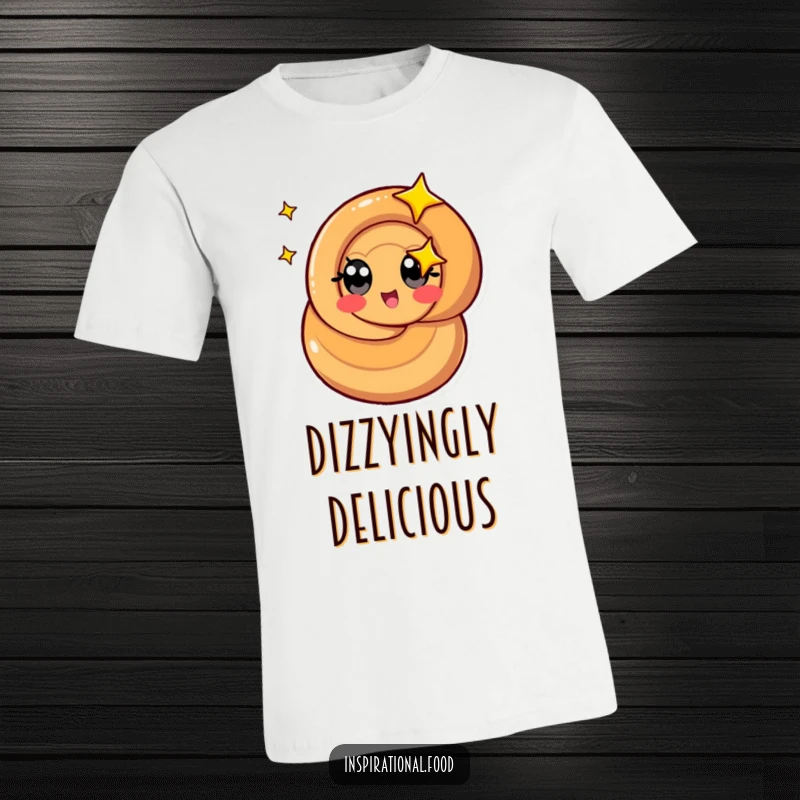Funny caramel swirl t-shirt with a stylized character with starry eyes spinning, perfect for those who love sweets.