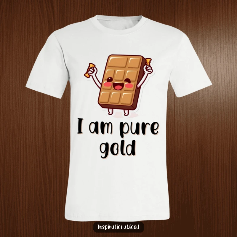 Funny chocolate bar t-shirt with a beaming character triumphantly holding a golden wrapper aloft, exuding sweet success and happiness.