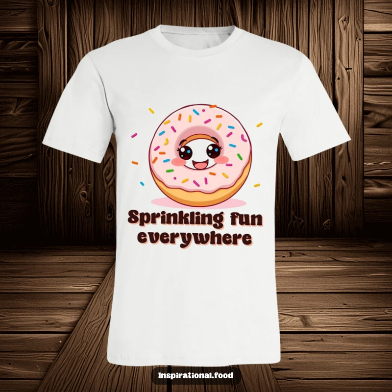 Funny donut t-shirt featuring a grinning character joyfully scattering a cascade of colorful sprinkles for a fun look.