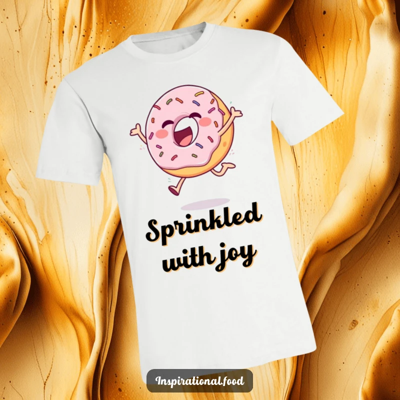 Funny ecstatic donut with sprinkles in a cheerful leap, printed on a soft t-shirt, perfect for spreading laughter.