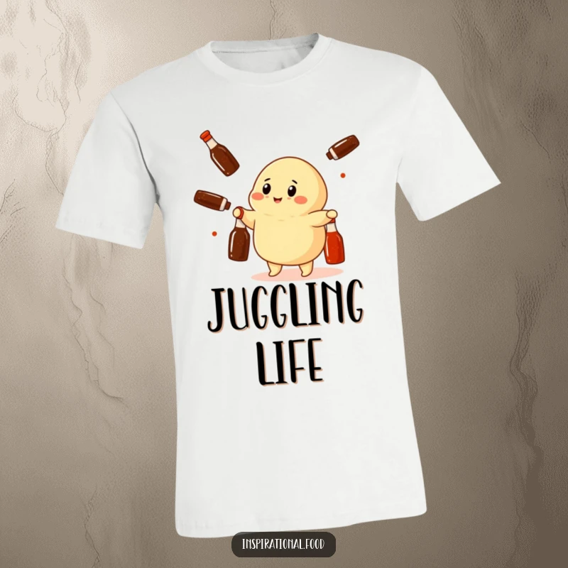 Funny dumpling character juggling tiny soy sauce bottles on a soft t-shirt, celebrating playful Asian food culture.