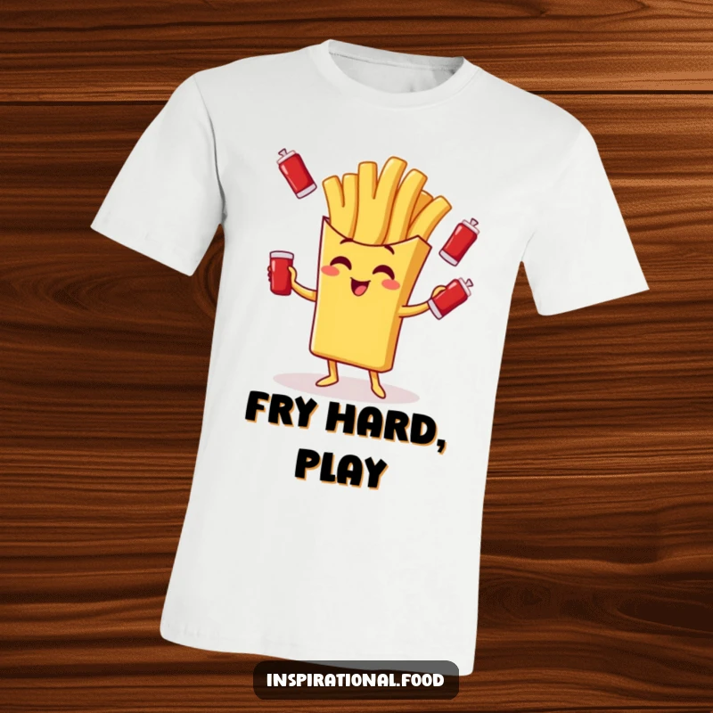 Funny t-shirt featuring a giggling french fry character juggling small ketchup packets, perfect for snack enthusiasts.