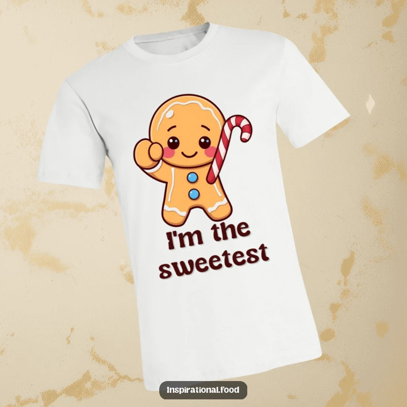 Funny gingerbread cookie character t-shirt, cheerfully waving a giant candy cane for a holiday greeting, full of festive joy.