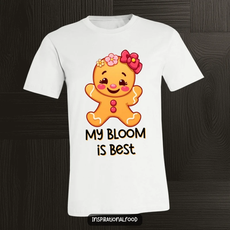 Funny gingerbread man t-shirt character offering a colorful flower with a big grin, embodying whimsical charm and a sweet, funny personality.