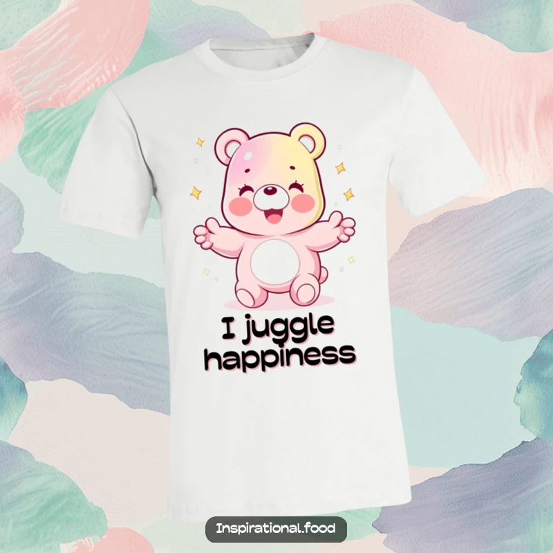 Funny t-shirt depicting a joyful gummy bear character juggling sparkling sugar crystals, showcasing playful, sweet skill.