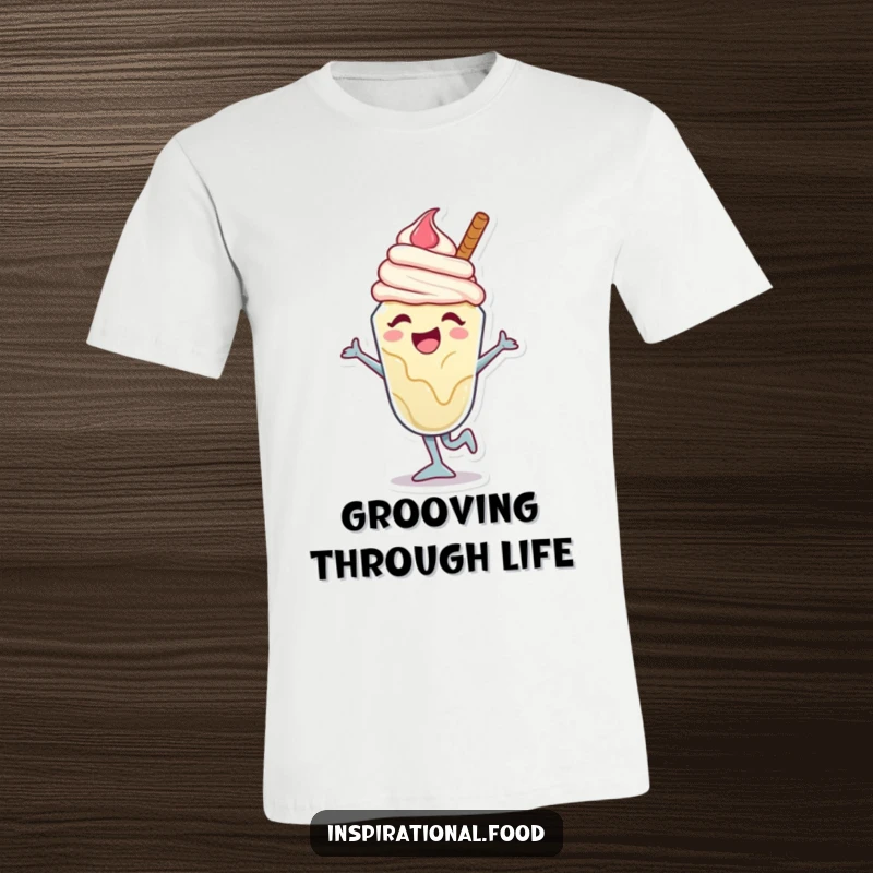 Funny ice cream sundae t-shirt depicting a joyful character caught in an energetic mid-dance move, full of sweetness and rhythm.