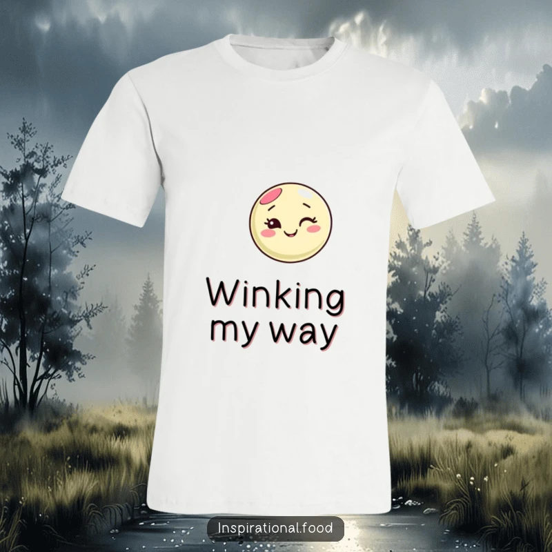 Funny macaron character t-shirt, winking with a happy expression, creating a vibrant swirling pattern, showcasing playful and sweet humor.
