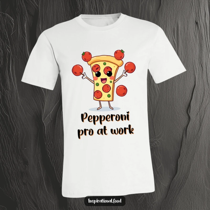 Funny t-shirt showcasing a pizza slice character expertly juggling pepperoni, celebrating the joy of pizza and skillful fun.