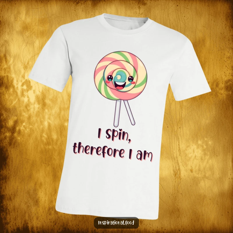 Funny spinning lollipop t-shirt featuring a happy character with a merry swirling pattern, ideal for cheerful apparel and gift-giving.