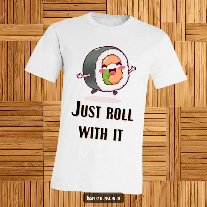 Funny sushi roll with tiny legs joyfully skipping on a t-shirt, a cheerful and energetic design.