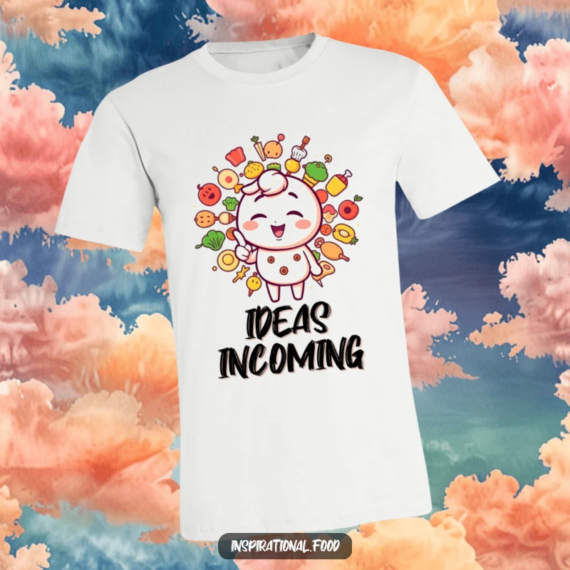 Funny t-shirt featuring a winking character who points proudly to a dynamic explosion of artistic food icons.