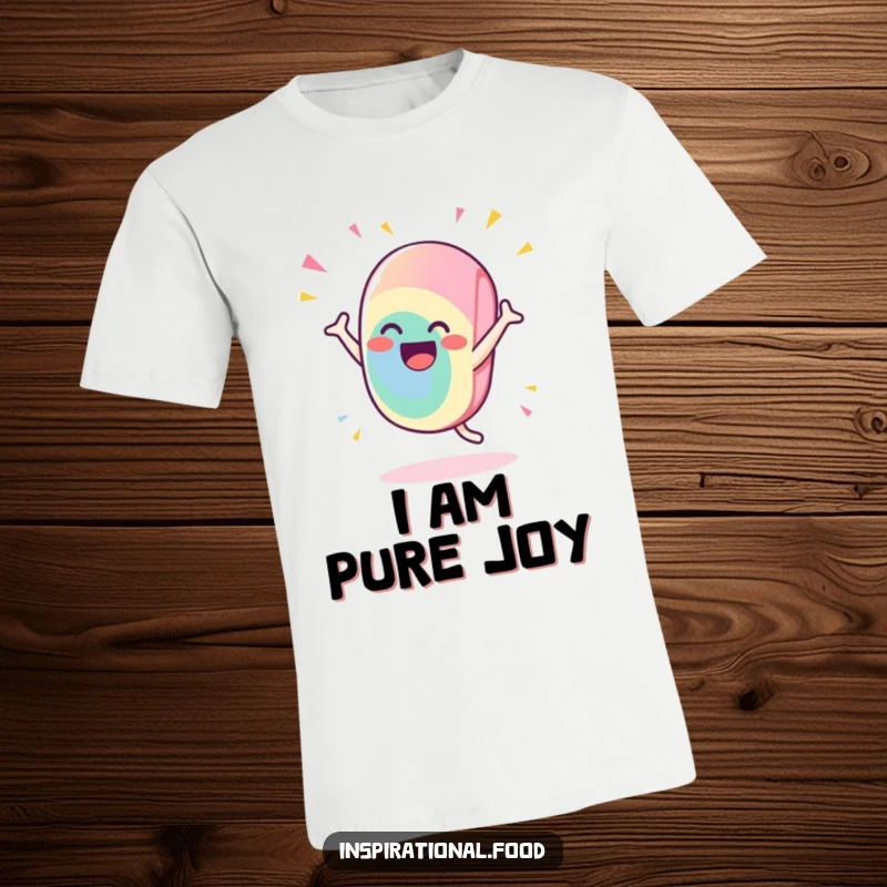 Funny candy t-shirt showing a gleeful character performing a flamboyant, celebratory flourish with energetic movement and happy vibes.