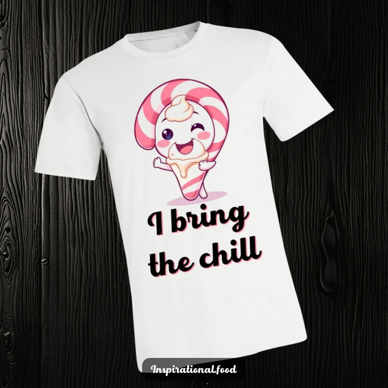 Funny t-shirt depicting a candy cane character with a big smile offering a scoop of ice cream, representing holiday sweetness and joy.