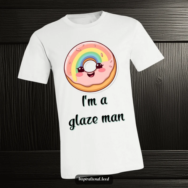 Funny T-shirt showcasing a gleeful doughnut character adorned with a spectacular rainbow glaze, exuding pure delight.