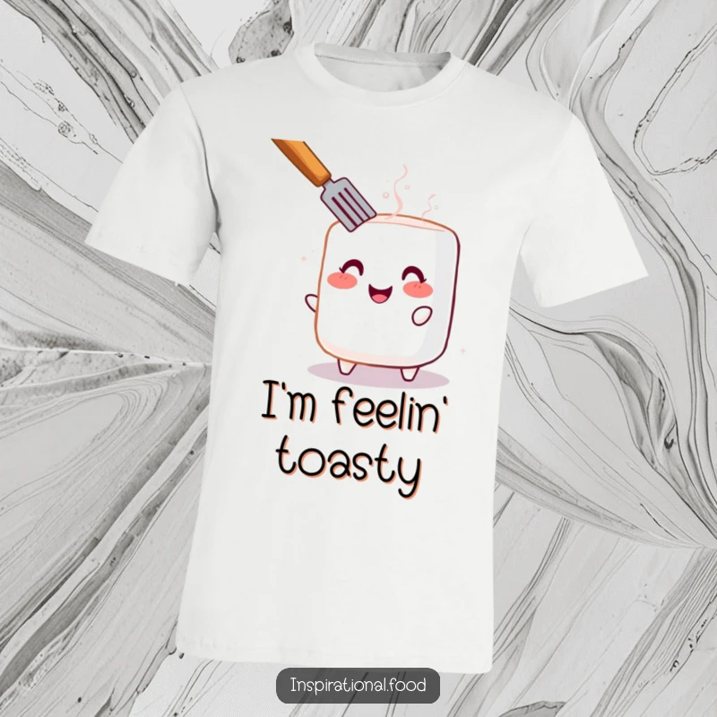 Funny T-shirt showcasing a cheerful, blushing marshmallow being toasted, bringing a warm and happy vibe.
