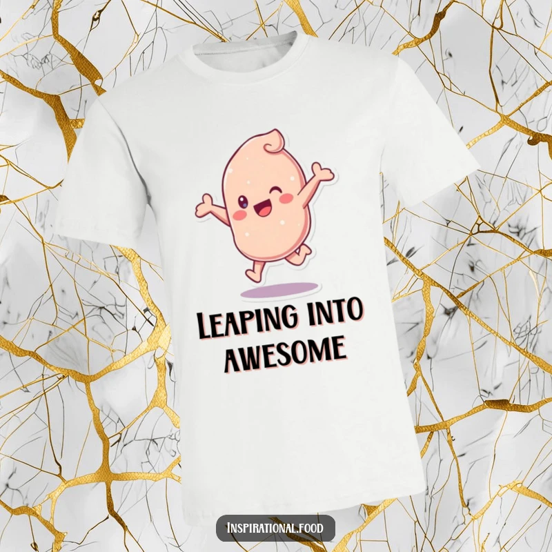 Funny Candy T-Shirt showcasing an energetic candy character performing a delightful leap, radiating happiness and fun.