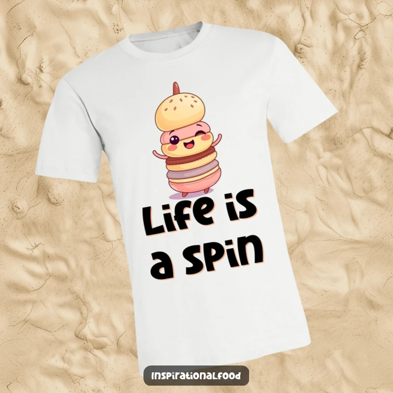 Funny t-shirt featuring a cheerful macaron tower spinning joyfully and wobbling, celebrating dessert and fun with humor.
