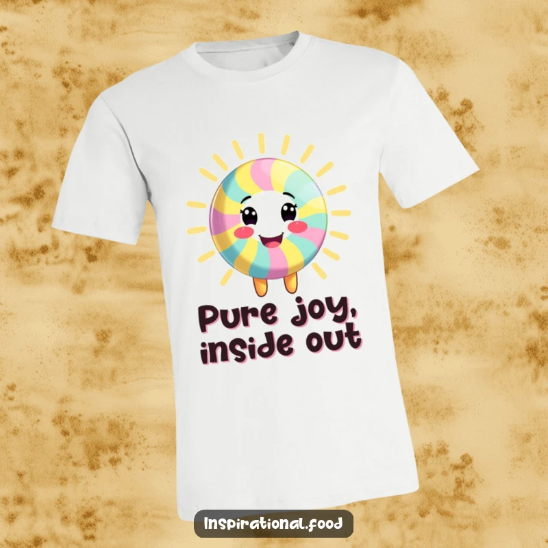 Funny t-shirt featuring a smiling candy character radiating bright, colorful energy and pure joy, ideal for a fun, casual gift.