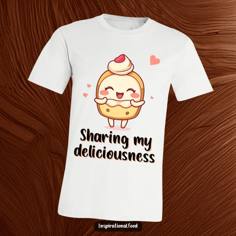 Funny T-Shirt with a blushing pastry character radiating joy while sharing delightful food imagery, perfect for casual wear.