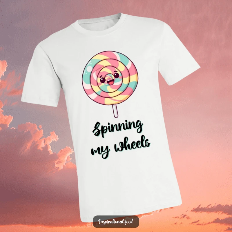 Funny Lollipop T-Shirt showcasing a happy, spinning lollipop with a mesmerizing swirling pattern, perfect for sweet apparel lovers.