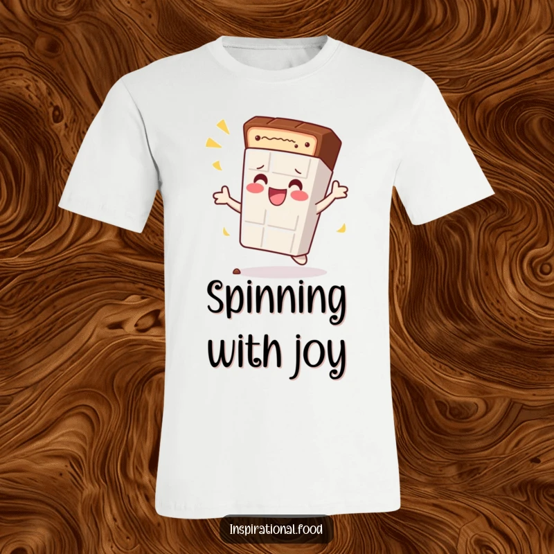 Funny t-shirt depicting a content chocolate bar character doing a celebratory spin, radiating dark, sweet happiness.