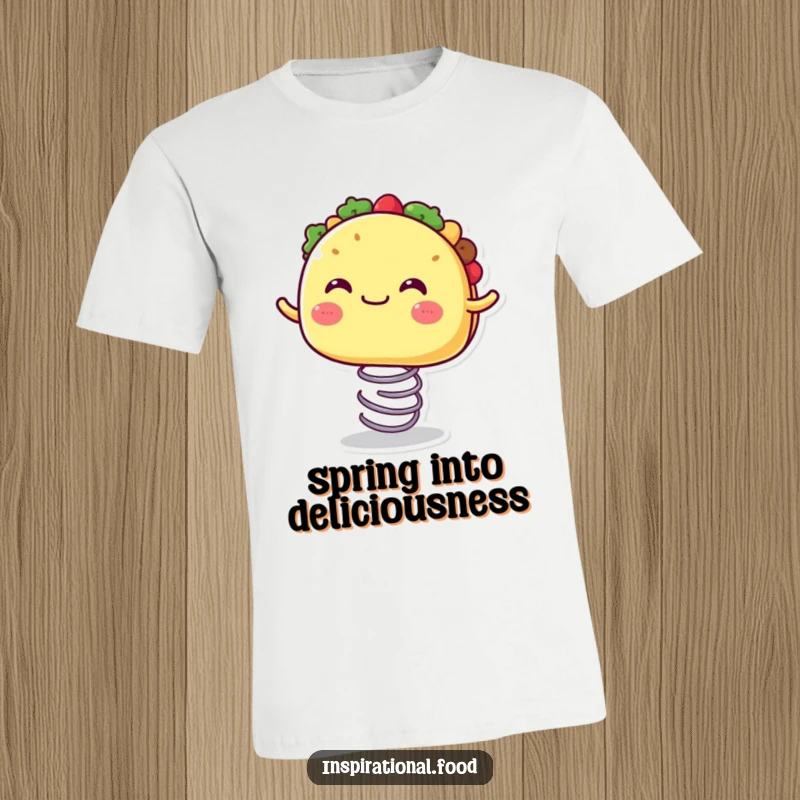 Funny T-shirt featuring a joyful taco character with a wide, happy mouth, excitedly bouncing on a spring.