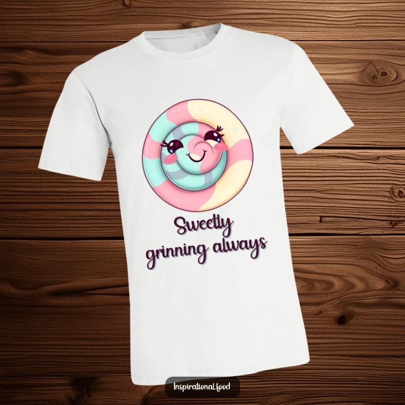 Funny candy swirl t-shirt featuring a delighted character with a playful grin, ideal for fun apparel and a sweet gift.