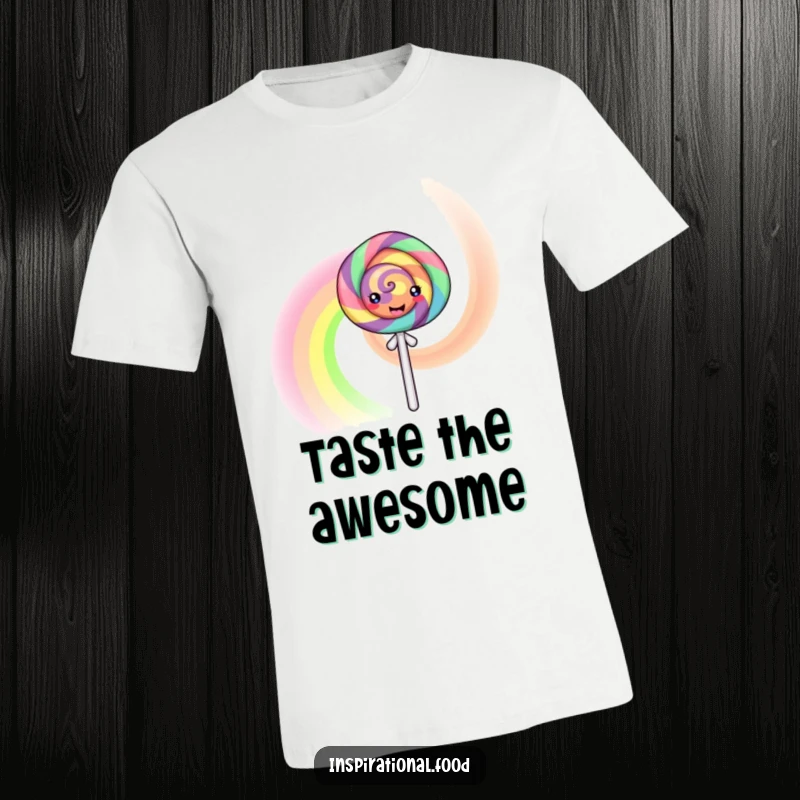 Funny T-Shirt showcasing a cheerful lollipop character in the act of creating a mesmerizing, swirling rainbow, symbolizing happiness and fun.
