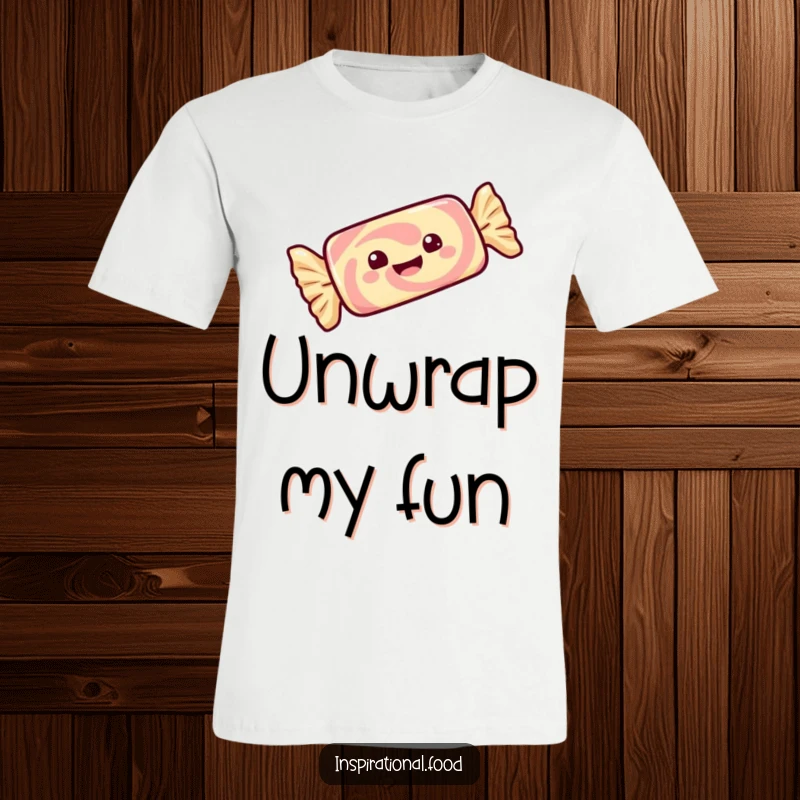 Funny gleeful candy bar with wrapper twirling with delight, printed on a comfortable t-shirt for ultimate fun.