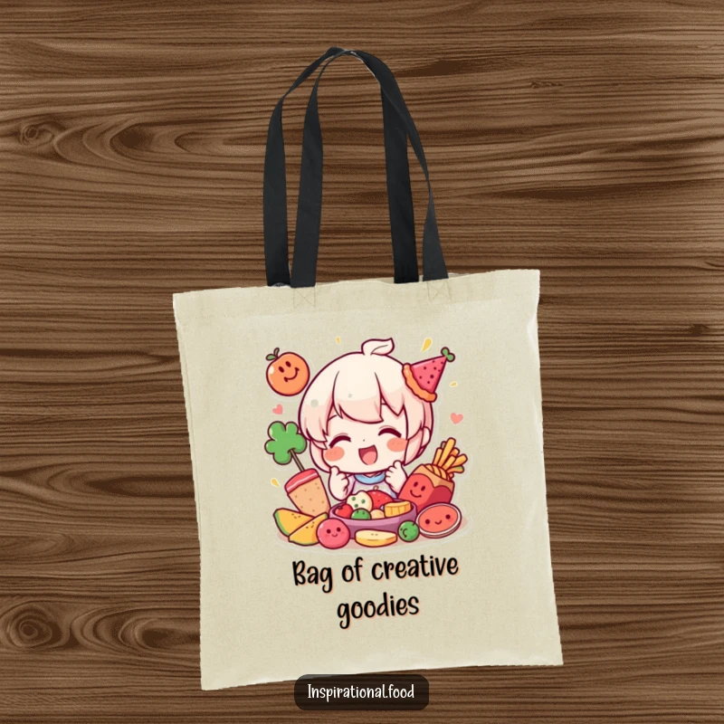 Funny tote bag with a happy character playfully arranging colorful food elements, a stylish way to carry your day.