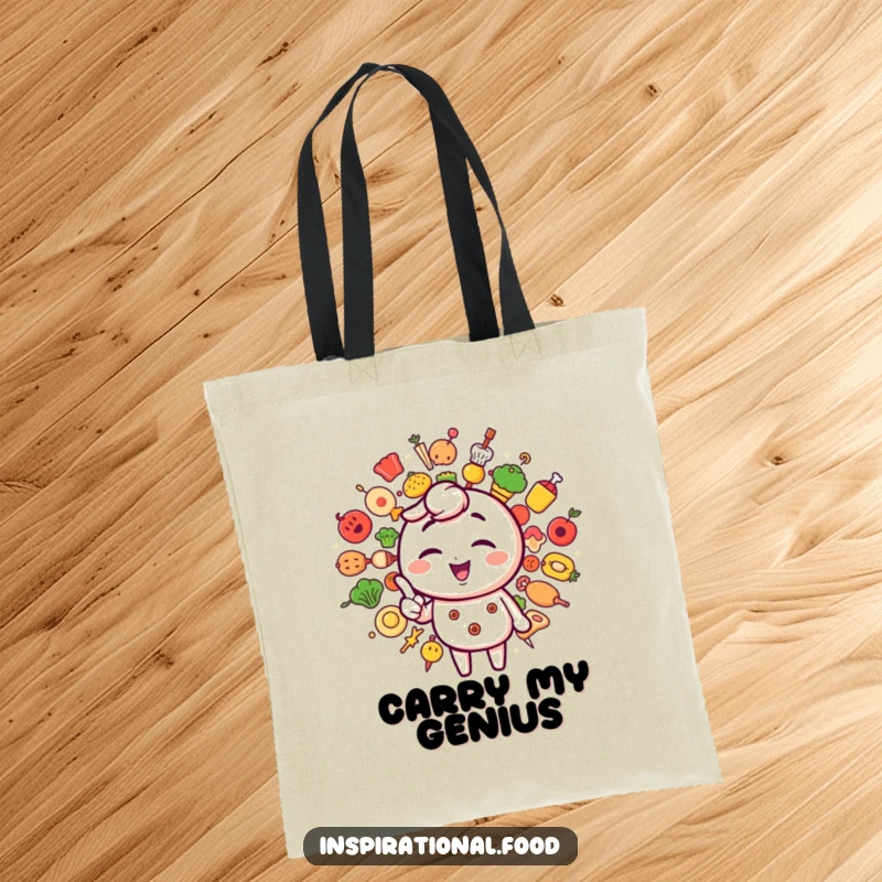 Funny tote bag designed with a winking character highlighting a colorful explosion of creative food icons for groceries.