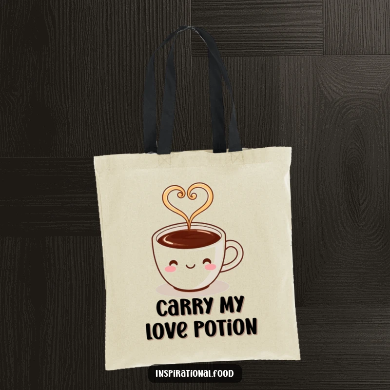 Funny tote bag featuring a coffee cup character with steam forming a heart, perfect for carrying essentials with love.
