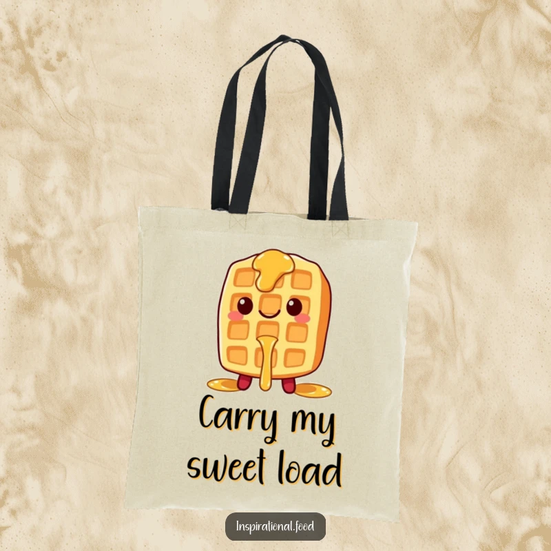 Funny tote bag featuring a smiling waffle character with syrup dripping, perfect for carrying essentials with style.