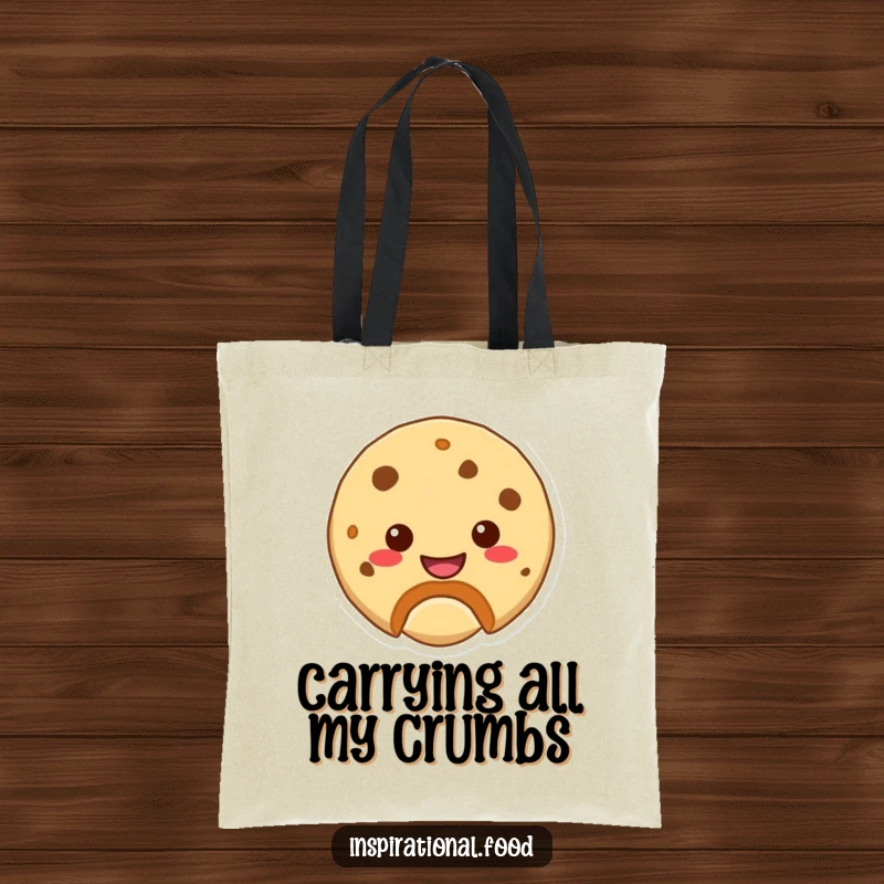 Funny tote bag featuring a cookie character with a bite missing, revealing a cheerful smile, perfect for everyday use.